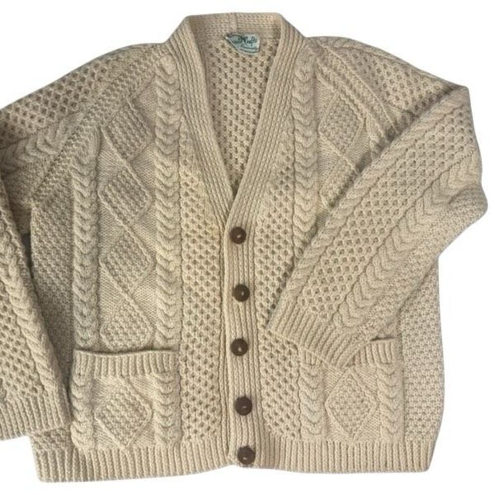 Vintage Emerald Craft Hand Knit Cream Cable Knit Men's XL Cardigan Sweater